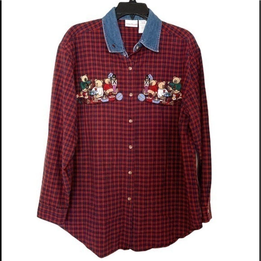 Vintage Bobbie Brooks Ugly Christmas Plaid Embroidered Button Shirt Red Blue L
